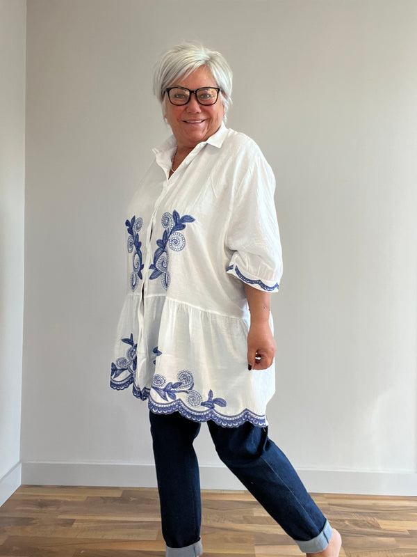 Emily White/Blue Embroidered Shirt